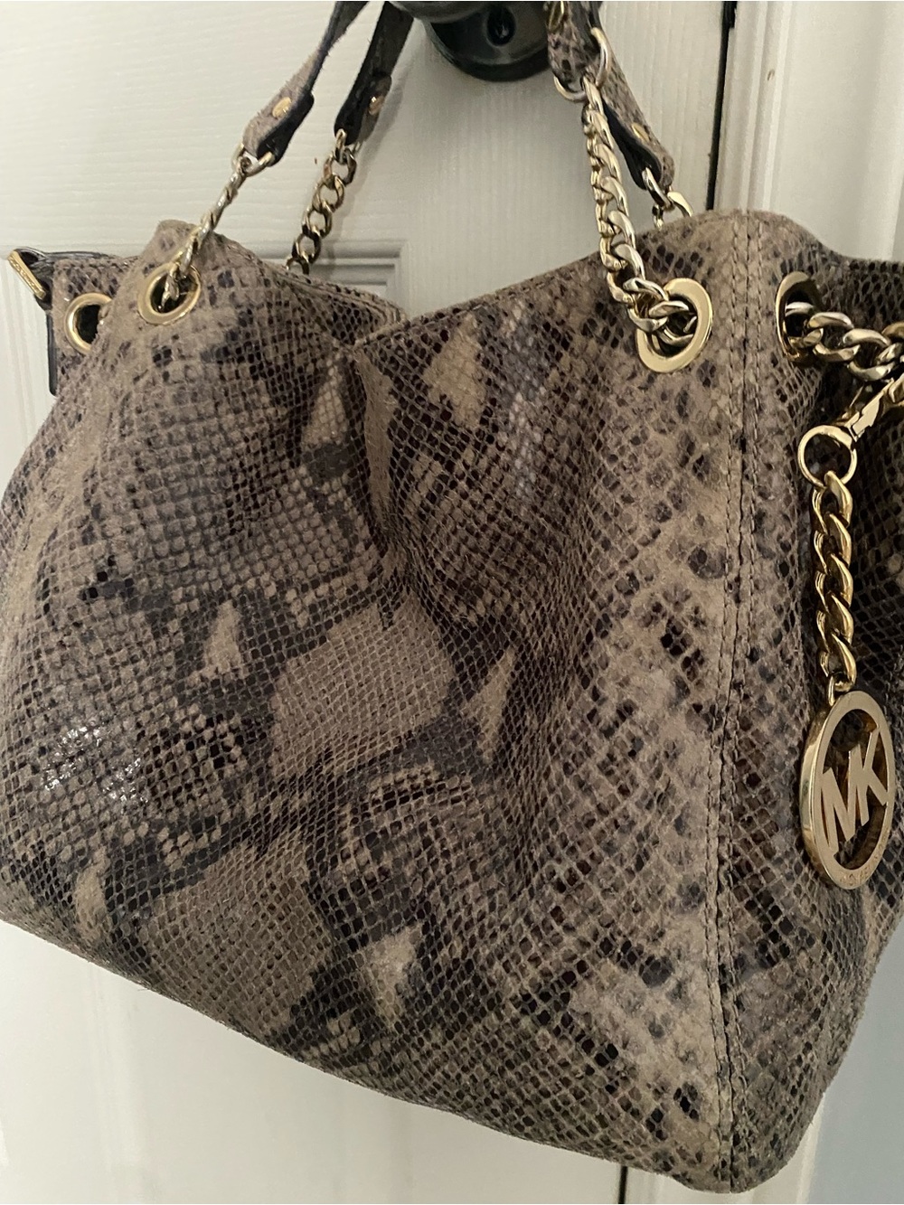 Michael Kors Taupe Snake-Print Shoulder Bag with Gold Hardware